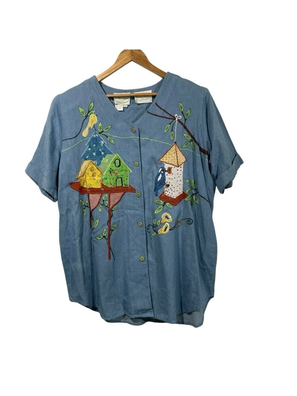 Vtg 90s Country Wear Button Up Chambray Blouse Embroidered Birds Bird Houses 14W
